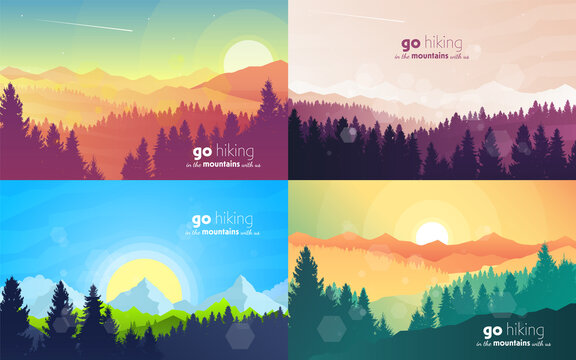 Vector landscape set, sunrise scene in nature with mountains and forest, silhouettes of trees. Hiking tourism. Adventure. Minimalist graphic flyer. Polygonal flat design for coupon, voucher, gift card