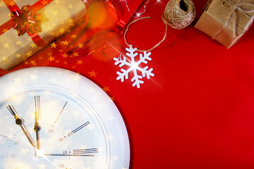 Layout on top of Christmas gifts from craft with cones, threads, deer, snowflakes, Christmas tree. Mok up, postcard for writing, text