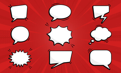Cartoon Funny Speech Bubbles on Red Pop Art Background. Set of Comic Speech Balloons with Halftone. Collection Empty Retro Bubbles for Chat, Dialog, Text Message. Isolated Vector Illustration