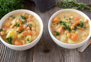 Vegan chick pea soup with potatoes and root vegetables