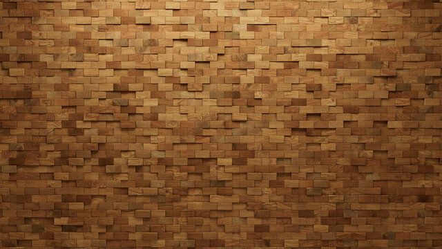 Wood, 3D Wall background with tiles. Natural, tile Wallpaper with Timber, Rectangular blocks. 3D Render