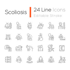 Scoliosis linear icons set. Scoliosis stages and types. Physical disabilities. Spinal bones curvature. Customizable thin line contour symbols. Isolated vector outline illustrations. Editable stroke
