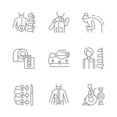 Scoliosis causes linear icons set. Spine disease. Spinal column surgical operation. Vertebral medicine. Customizable thin line contour symbols. Isolated vector outline illustrations. Editable stroke