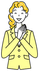 よいアイデアを思いついて笑顔になっているスーツ姿の可愛い女性 イラスト ベクター