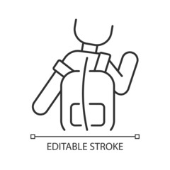Incorrect use linear icon. Scoliosis causes. Backpack wearing wrong way. Backbone deformation. Thin line customizable illustration. Contour symbol. Vector isolated outline drawing. Editable stroke