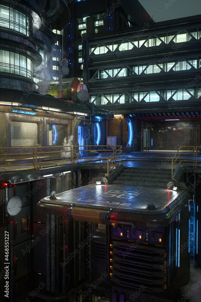 Poster portrait format 3d rendering of a dark moody cyberpunk city high