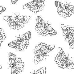 Butterflies seamless vector pattern. Butterfly coloring background black line art butterflies on white. Monochrome hand drawn design for coloring pages, fabric, kids decor, wrapping, surface design.