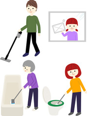 父、母、娘、祖母の家族でお掃除セット