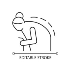 Kyphosis linear icon. Roundback. Spine rounding curvature. Elderly person with back problem. Thin line customizable illustration. Contour symbol. Vector isolated outline drawing. Editable stroke