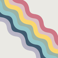 Abstract illustration of retro style colorful diagonal waves design in yellow, purple, blue, pink, turquoise and navy blue colors on pastel grey background