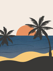 Fototapeta na wymiar Abstract colorful seascape illustration with blue sea waves, sandy beach, palm trees and sun decoration