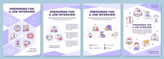 Preparing for job interview brochure template. Practice, research. Flyer, booklet, leaflet print, cover design with linear icons. Vector layouts for presentation, annual reports, advertisement pages