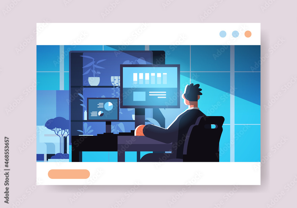 Poster man trader stock market broker analyzing charts graphs and rates on computer monitors at workplace