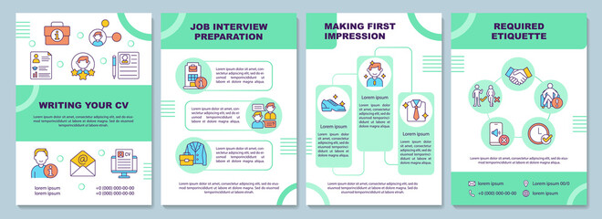 Job interview brochure template. Candidate interviewing. Flyer, booklet, leaflet print, cover design with linear icons. Vector layouts for presentation, annual reports, advertisement pages - obrazy, fototapety, plakaty