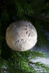 Christmas and New Year decoration. vintage white ball, macro.