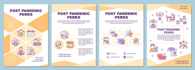 Fototapeta na wymiar Post pandemic perks brochure template. Employees benefits. Flyer, booklet, leaflet print, cover design with linear icons. Vector layouts for presentation, annual reports, advertisement pages