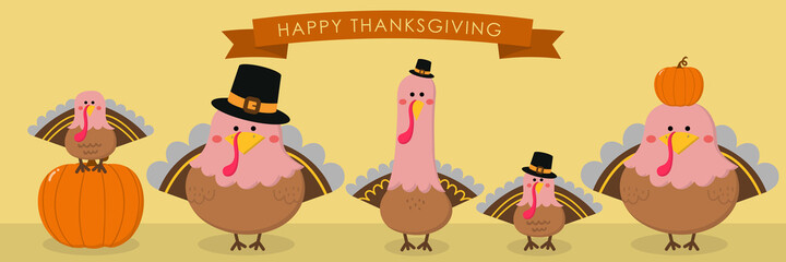 Happy thanksgiving greeting card with cute turkey. Animal holidays cartoon vector.