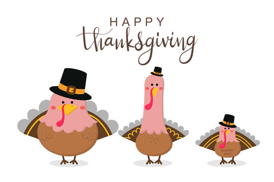 Happy thanksgiving greeting card with cute turkey. Animal holidays cartoon vector.