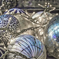 Christmas Balls With Lights. Isolated. Close-Up of  festive dreamy ethereal  decorations with sparkly fairy  lights. Stock Image.