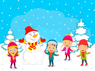 kids in winter and snowman