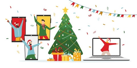 People wishing Merry Christmas and Happy New Year, celebrating holiday and giving gifts via video call or web conference in 2022. quarantine, online party. Vector illustration.