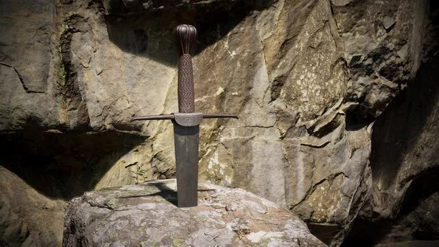 A close-up view of the sword in the stone.