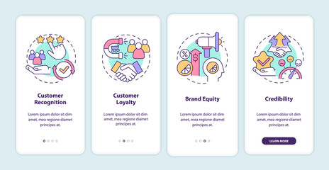 Branding benefits onboarding mobile app page screen. Planning business walkthrough 4 steps graphic instructions with concepts. UI, UX, GUI vector template with linear color illustrations