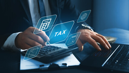 Financial research,government taxes and calculation tax return concept. Businessman using the...