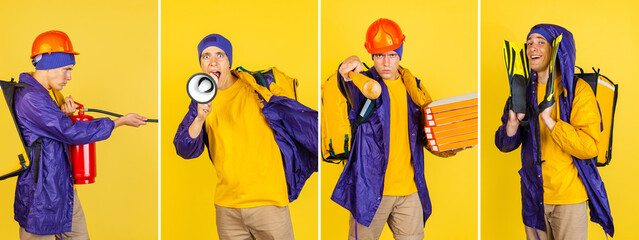 Obraz na płótnie Canvas Collage of comic portraits of young man, delivery guy in uniform isolated on yellow studio background. Concept of humor, safety, service.