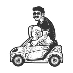 Adult man in small toy car sketch raster