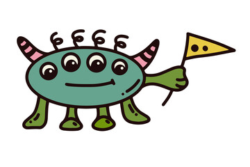 Vector color illustration of a child's monster with a flag