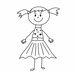 Kid girl hand drawn illustration. Doodle child isolated. Smiling girl