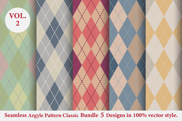Argyle classic Pattern Bundle 5 designs Vol.2,Argyle vector,Seamless argyle pattern,Traditional check print,Fabric texture background,Christmas plaid,Retro background