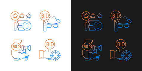 Auction components gradient icons set for dark and light mode. Auctioneer. Appraisal process. Thin line contour symbols bundle. Isolated vector outline illustrations collection on black and white