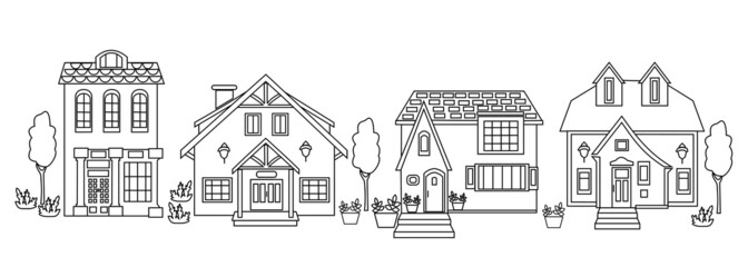 Street of small town. Four cottages Lineart concept vector illustration