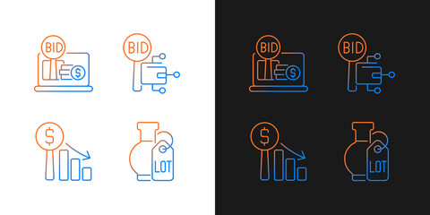 Electronic auctioning gradient icons set for dark and light mode. Online bargain. Dutch auction. Thin line contour symbols bundle. Isolated vector outline illustrations collection on black and white