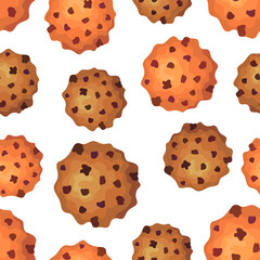 Chocolate doodle cookies on a white background. Seamless food sweet pattern. Suitable for packaging.