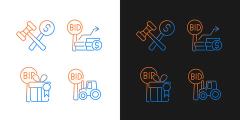 Agriculture auction components gradient icons set for dark and light mode. Farm equipment selling. Thin line contour symbols bundle. Isolated vector outline illustrations collection on black and white