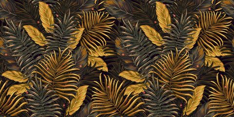 Seamless pattern with tropical leaves. Hand drawing 3d gold botanical background. Suitable for making wallpaper, printing on fabric, wrapping paper, fabric, notebook cover
