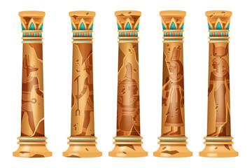 Ancient Egypt column set, vector old stone pillar collection, antique temple object, god silhouette. Cracked vintage pedestal, decorative broken ornate Egyptian exterior. Ancient column Anubis outline