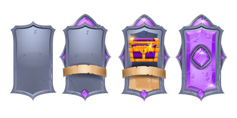 Stone card game design set, vector magic RPG UI frame kit, rock deck item, gemstone parchment ribbon. Ancient fantasy menu board, medieval equipment artefact panel. Game achievement card collection