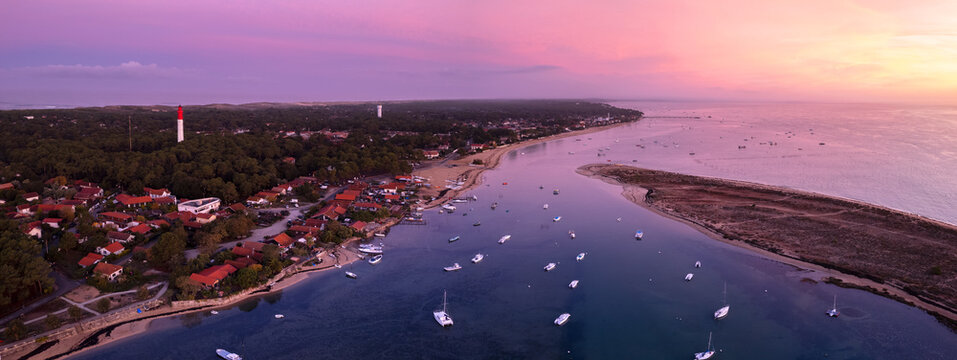 drone shoot - panorama - pink - fire CAP FERET - bateau - Mer - VUE DES AIRS- BASSIN D'ARCACHON  - FRANCE - PANORAMA