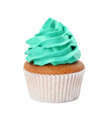 Delicious cupcake with turquoise cream isolated on white