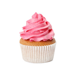 Delicious cupcake with pink cream isolated on white