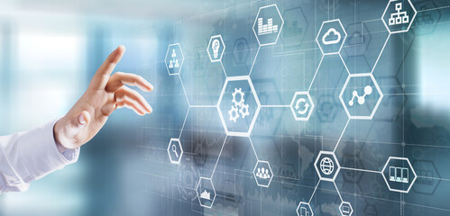 Automation of business and industrial process. Smart factory and technology innovation concept on virtual screen.