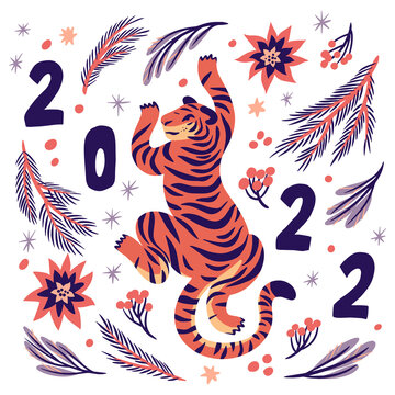 Happy New Year 2022. Tiger year Chinese zodiac. Pine tree branches, christmas plants, mistletoe. Funny cartoon doodle Scandinavian style vector illustration, poster, greeting card, print, banner