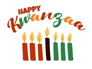 Happy Kwanzaa - banner with colorful script lettering and hand drawn simple kinara candles. African American heritage celebration festival greeting card