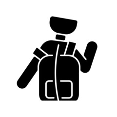 Incorrect use black glyph icon. Scoliosis causing condition. Backpack wearing wrong way. Posture and backbone deformation development. Silhouette symbol on white space. Vector isolated illustration
