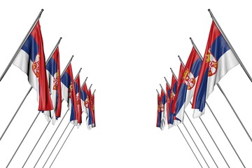 wonderful many Serbia flags hangs on diagonal poles from left and right sides isolated on white - any feast flag 3d illustration..