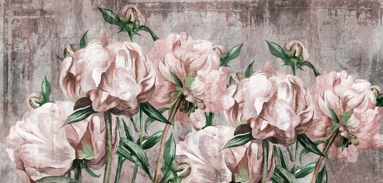 large art peony painted on a textured background in pastel shades, merge photomurals into the rooms or the interior of the house © Viktorious_Art